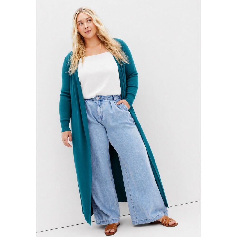 City Chic Cardi Goldie Teal Long Knit Belted Cardigan Women's Size L / 20 NWT